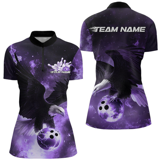 Custom Purple Flame Eagle Womens Bowling Quarter-Zip Shirts, Bowling Team Shirt With Name IPHW8448