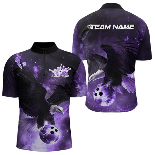 Custom Purple Flame Eagle Bowling Quarter-Zip Shirts For Men, Ealge Bowling Team Shirt With Name IPHW8448