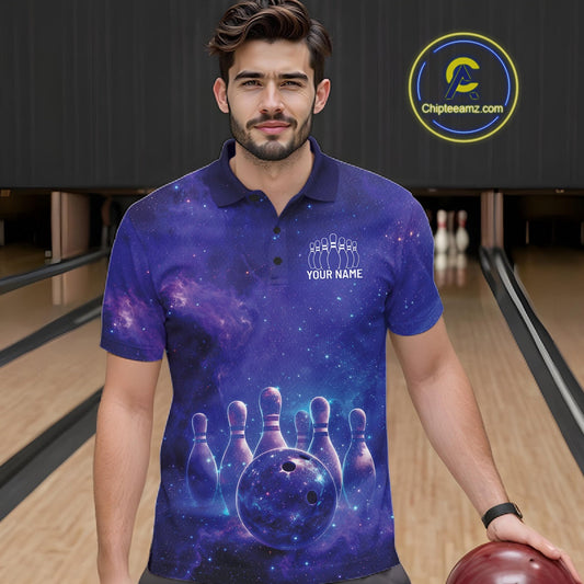 Custom Purple And Blue Galaxy Bowling Team Shirts For Men, Sparkling Sky Bowling Jerseys IPHW10530