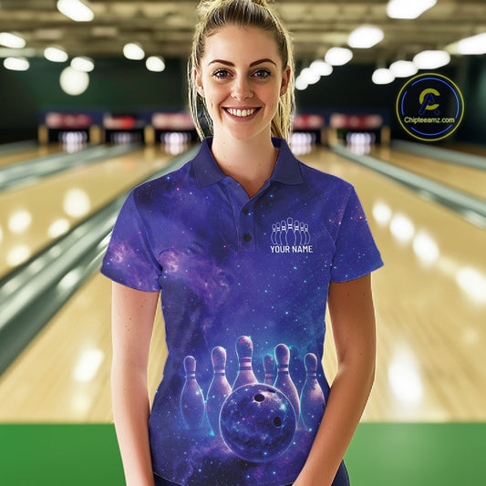 Custom Purple And Blue Galaxy Bowling Team Shirts For Women, Sparkling Sky Bowling Jerseys IPHW10530