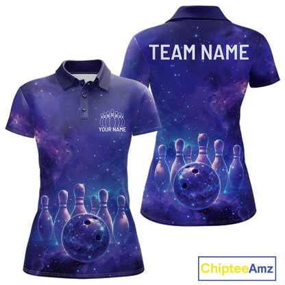 Custom Purple And Blue Galaxy Bowling Team Shirts For Women, Sparkling Sky Bowling Jerseys IPHW10530