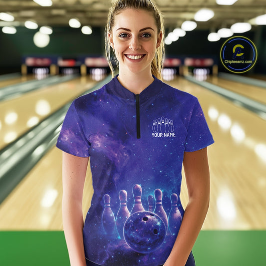 Custom Purple And Blue Galaxy Bowling Shirts For Women, Sparkling Sky Bowling Jerseys IPHW10530