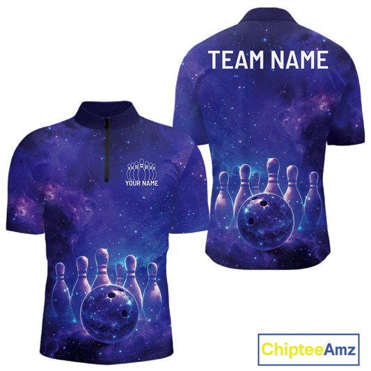 Custom Purple And Blue Galaxy Bowling Team Shirts For Men, Sparkling Sky Bowling Jerseys IPHW10530