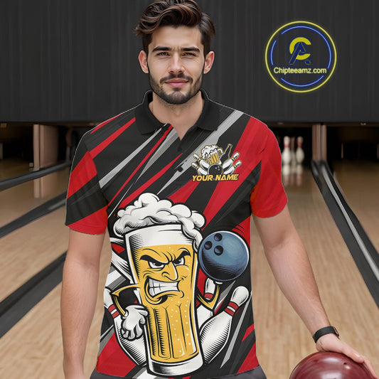 Custom Funny Red Bowling Jerseys Bowling And Beer Men Polo Shirts, Bowling Jerseys IPHW10532