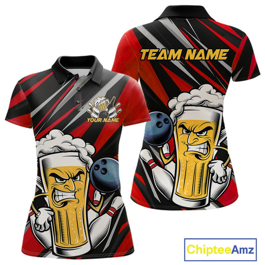 Custom Funny Red Bowling Jerseys Bowling And Beer Women Polo Shirts, Bowling Jerseys IPHW10532