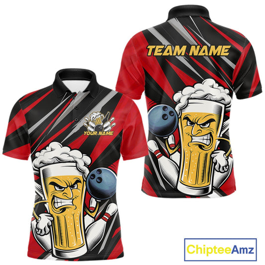 Custom Funny Red Bowling Jerseys Bowling And Beer Men Polo Shirts, Bowling Jerseys IPHW10532