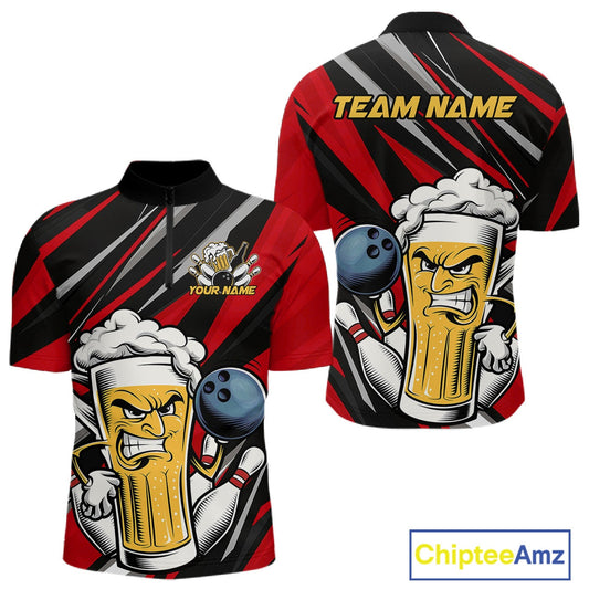 Custom Funny Red Bowling Jerseys Bowling And Beer Men Quarter-Zip Shirts, Bowling Jerseys IPHW10532