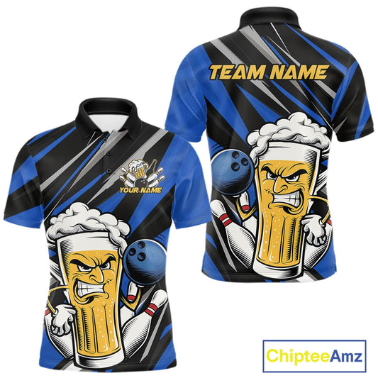 Custom Funny Blue Bowling Jerseys Bowling And Beer Men Polo Shirts, Bowling Jerseys IPHW10533