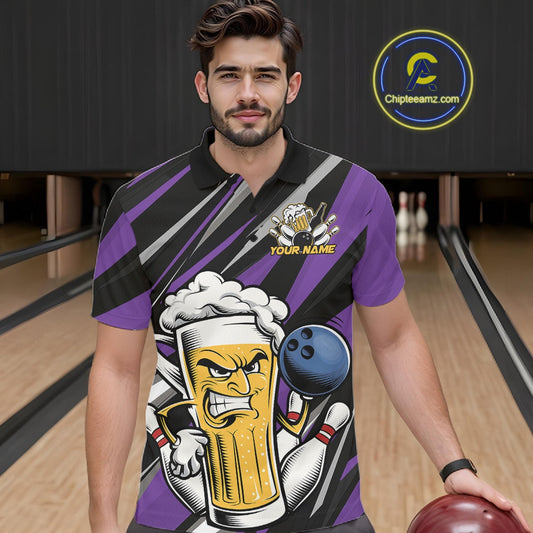 Custom Funny Purple Bowling Jerseys Bowling And Beer Men Polo Shirts, Bowling Jerseys IPHW10535