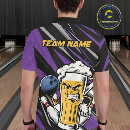 Custom Funny Purple Bowling Jerseys Bowling And Beer Men Polo Shirts, Bowling Jerseys IPHW10535