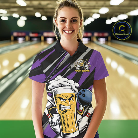 Custom Funny Purple Bowling Jerseys Bowling And Beer Women Polo Shirts, Bowling Jerseys IPHW10535