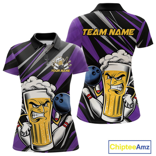 Custom Funny Purple Bowling Jerseys Bowling And Beer Women Polo Shirts, Bowling Jerseys IPHW10535