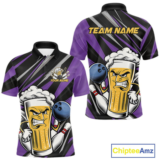 Custom Funny Purple Bowling Jerseys Bowling And Beer Men Polo Shirts, Bowling Jerseys IPHW10535