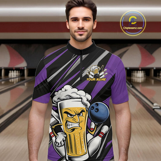 Custom Funny Purple Bowling Jerseys Bowling And Beer Men Quarter-Zip Shirts, Bowling Jerseys IPHW10535
