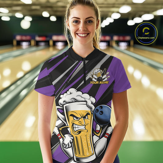 Custom Funny Purple Bowling Jerseys Bowling And Beer Women Shirts, Bowling Jerseys IPHW10535