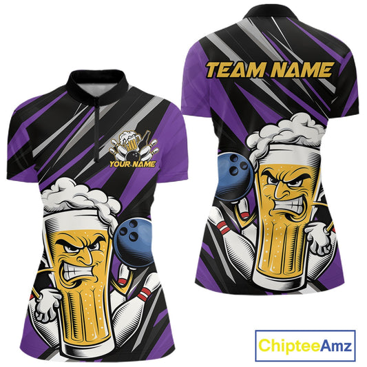 Custom Funny Purple Bowling Jerseys Bowling And Beer Women Shirts, Bowling Jerseys IPHW10535