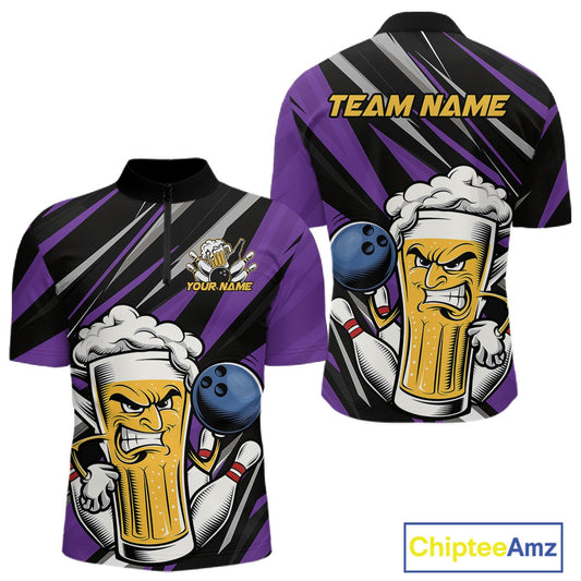 Custom Funny Purple Bowling Jerseys Bowling And Beer Men Quarter-Zip Shirts, Bowling Jerseys IPHW10535