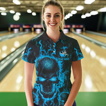 Load image into Gallery viewer, Custom Bowling Womens Polo Shirts, Blue Flame Skull Team Bowling Jerseys Halloween Outfits IPHW8684