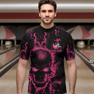 Custom Bowling Quarter-Zip Shirts For Men, Pink Flame Skull Team Bowling Jerseys Halloween Outfits IPHW8685