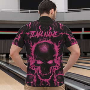 Custom Bowling Quarter-Zip Shirts For Men, Pink Flame Skull Team Bowling Jerseys Halloween Outfits IPHW8685