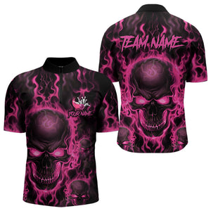 Custom Bowling Quarter-Zip Shirts For Men, Pink Flame Skull Team Bowling Jerseys Halloween Outfits IPHW8685