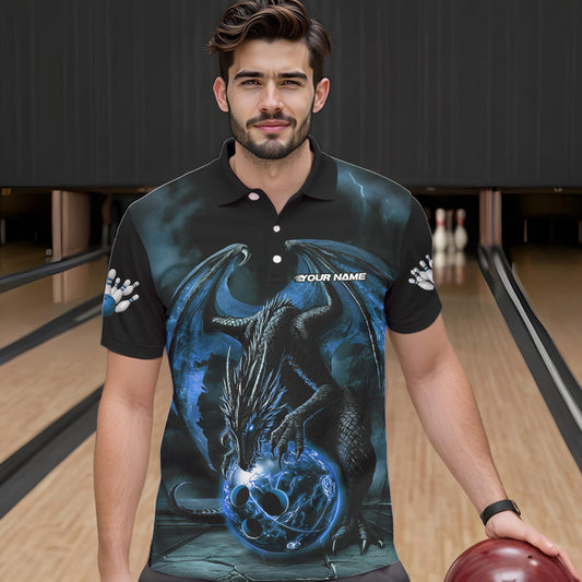 Black And Blue Custom Bowling Team Polo Shirts For Men, Dragon Bowling League Shirts IPHW8690