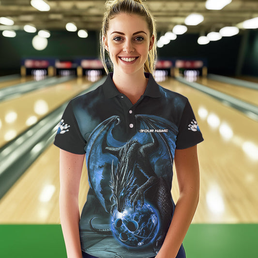 Black And Blue Custom Bowling Team Polo Shirts For Women, Dragon Bowling League Shirts IPHW8690