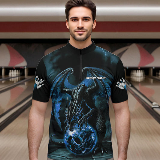 Black And Blue Custom Bowling Team Quarter-Zip Shirts For Men, Dragon Bowling League Shirts IPHW8690