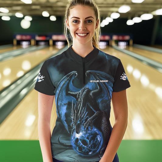 Black And Blue Custom Bowling Team Womens Quarter-Zip Shirts, Dragon Bowling League Shirts IPHW8690