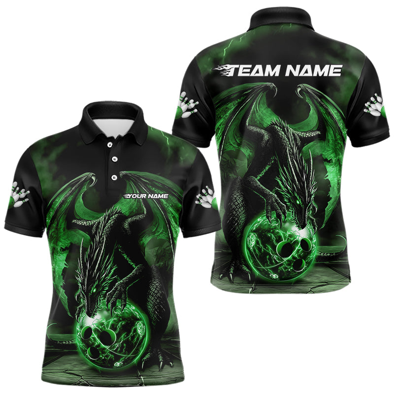Black And Green Custom Bowling Team Polo Shirts For Men, Dragon Bowling League Shirts IPHW8691