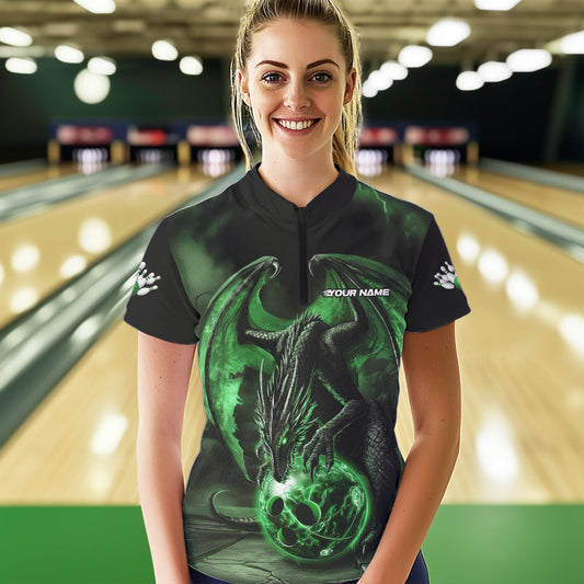 Black And Green Custom Bowling Team Womens Quarter-Zip Shirts, Dragon Bowling League Shirts IPHW8691