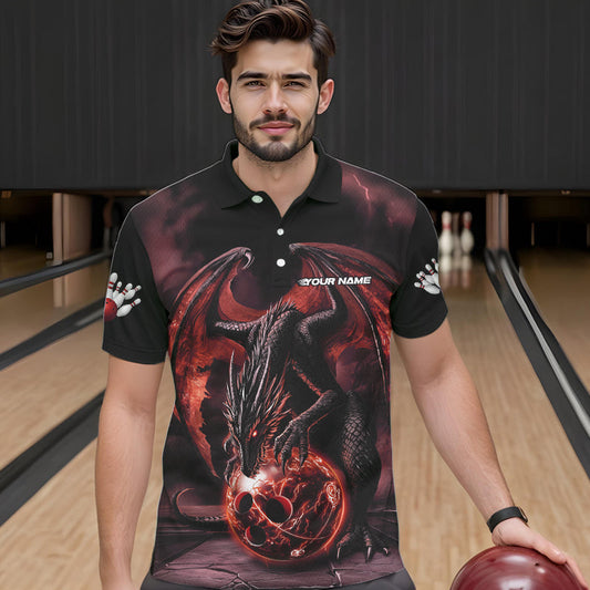 Black And Orange Custom Bowling Team Polo Shirts For Men, Dragon Bowling League Shirts IPHW8692