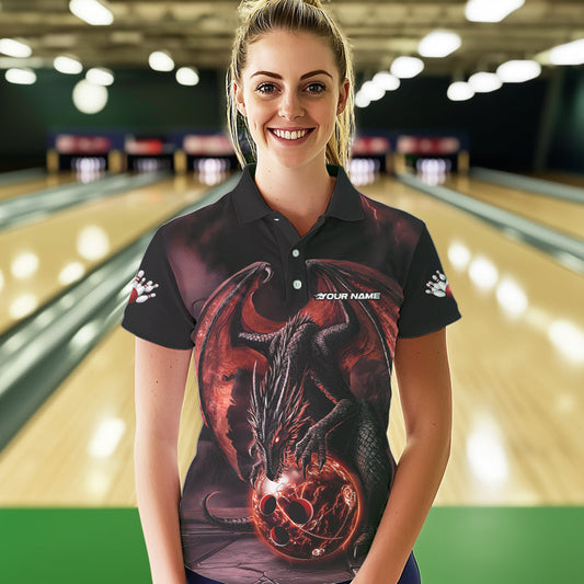 Black And Orange Custom Bowling Team Polo Shirts For Women, Dragon Bowling League Shirts IPHW8692