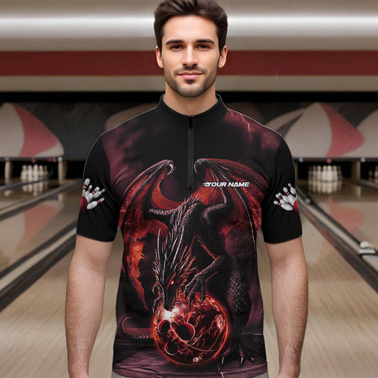 Black And Orange Custom Bowling Team Quarter-Zip Shirts For Men, Dragon Bowling League Shirts IPHW8692