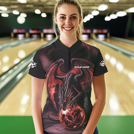 Black And Orange Custom Bowling Team Womens Quarter-Zip Shirt, Dragon Bowling League Shirts IPHW8692