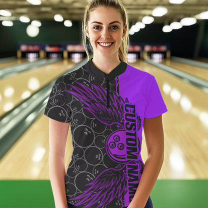 Black And Purple Custom Bowling Ball And Wings Womens Quarter-Zip Shirts, Team Uniform IPHW8693