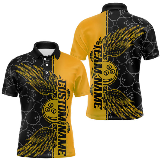 Black And Yellow Custom Bowling Ball And Wings Bowling Polo Shirts For Men, Team Uniform IPHW8694