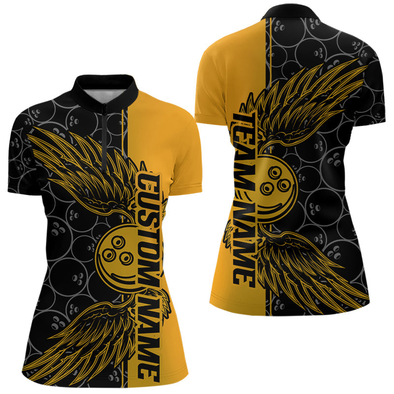 Black And Yellow Custom Bowling Ball And Wings Womens Quarter-Zip Shirts, Team Uniform IPHW8694