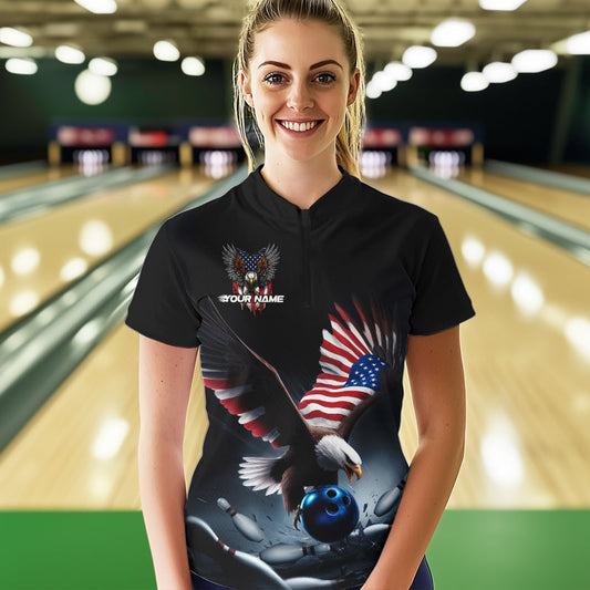 Custom American Flag Eagle Bowling Team Women Quarter-Zip Shirt, Patriotic US Bowling Shirt IPHW8937