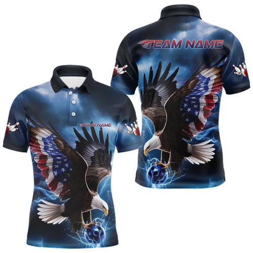 Custom Blue Lightning Patrotic Eagle Bowling Men Polo Shirt, US Flag Bowling Team Shirt IPHW8938
