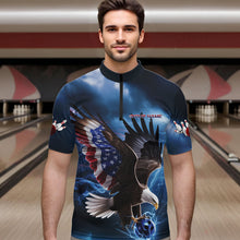 Load image into Gallery viewer, Custom Blue Lightning Patrotic Eagle Bowling Men Quarter-Zip Shirt, US Flag Bowling Team Shirt IPHW8938