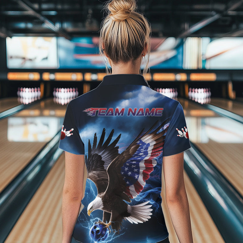 Custom Blue Lightning Patrotic Eagle Bowling Women Quarter-Zip Shirt, US Flag Bowling Shirt IPHW8938
