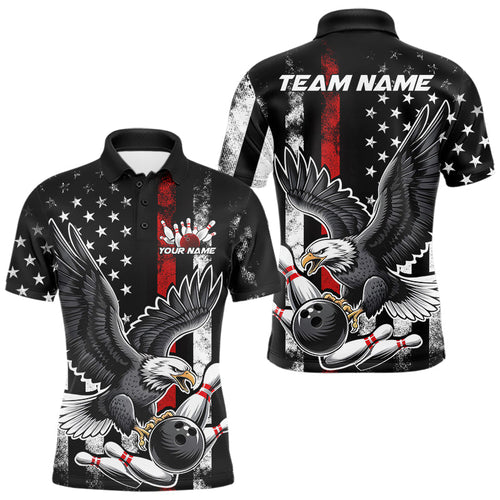 Custom Red Line American Flag Eagle Bowling Men Polo Shirt, Patriotic US Bowling Shirt IPHW8939