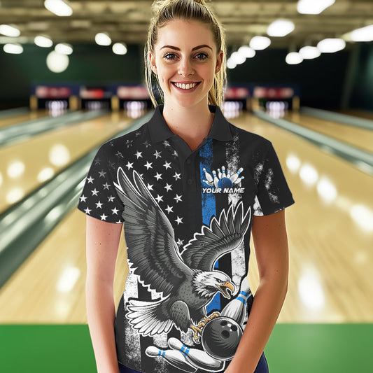 Custom Blue Line American Flag Eagle Bowling Women Polo Shirt, Patriotic US Bowling Shirt IPHW8941