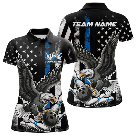 Custom Blue Line American Flag Eagle Bowling Women Polo Shirt, Patriotic US Bowling Shirt IPHW8941