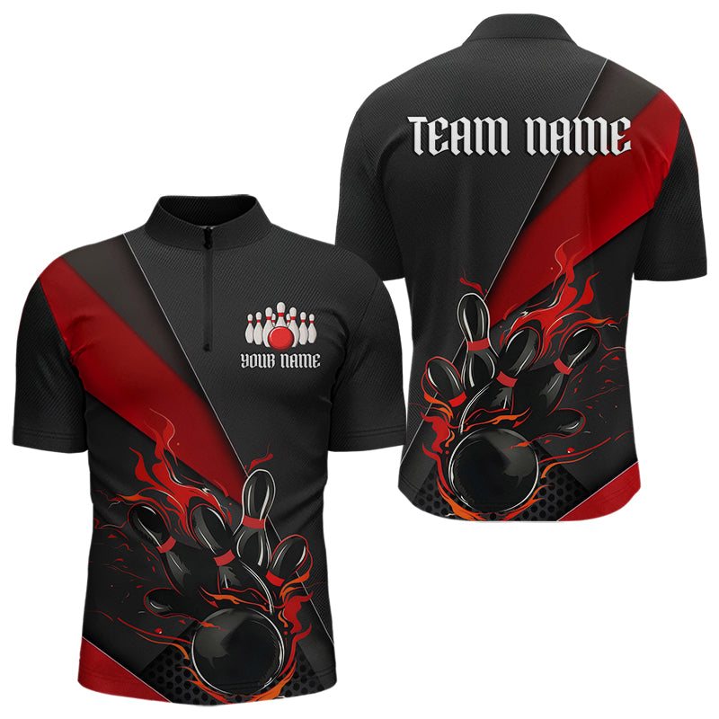 Custom Black And Red Flame Duckpin Bowling Team Men Quarter-Zip Shirts, Duckpin Tournament Outfit IPHW8945