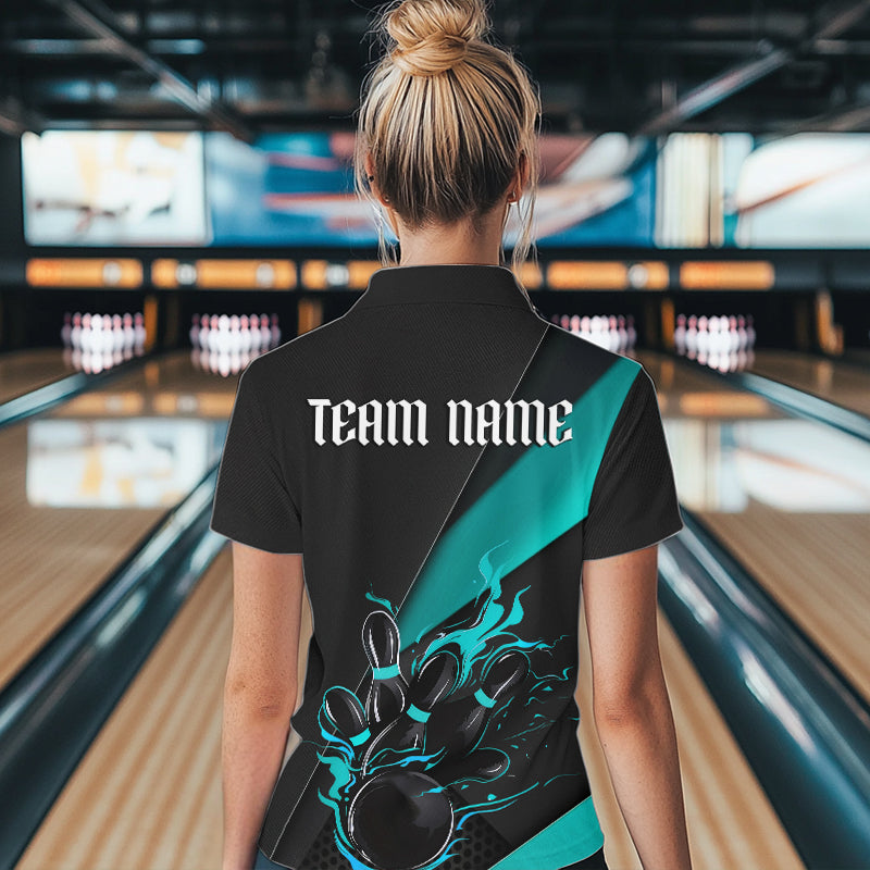 Custom Black And Blue Flame Duckpin Bowling Women Quarter-Zip Shirts, Tournament Outfit IPHW8946
