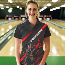 Load image into Gallery viewer, Custom Black And Red Flame Duckpin Bowling Polo Shirts For Women, Bowling Team League Shirt IPHW8947