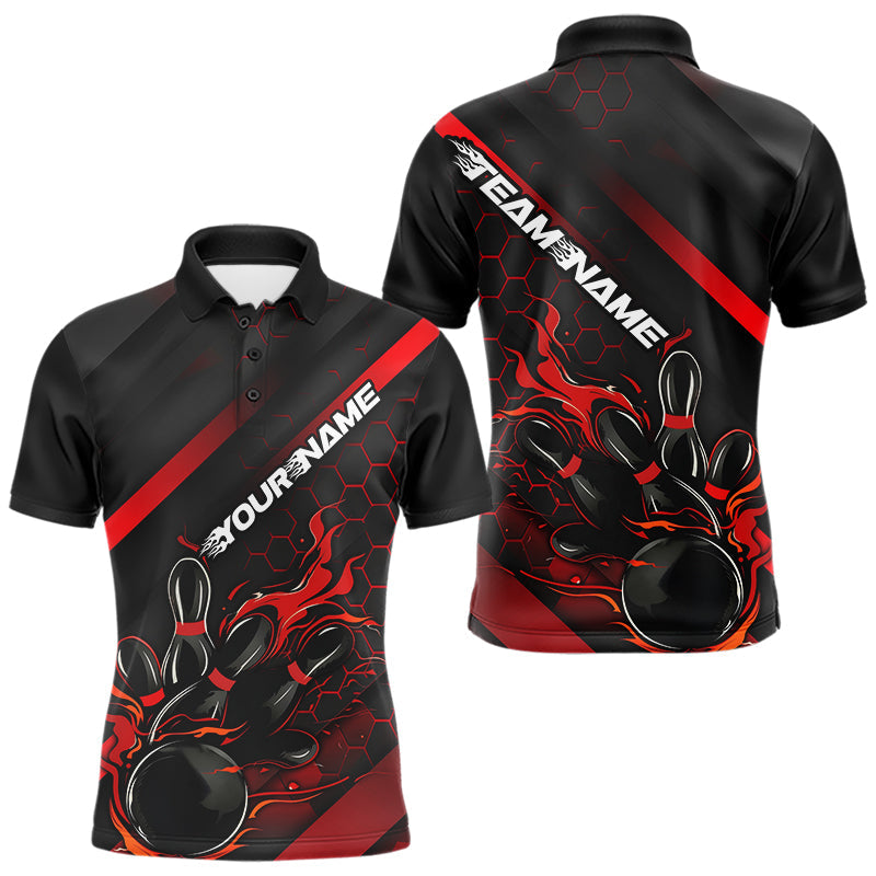 Custom Black And Red Flame Duckpin Bowling Polo Shirts For Men, Bowling Team League Shirt IPHW8947