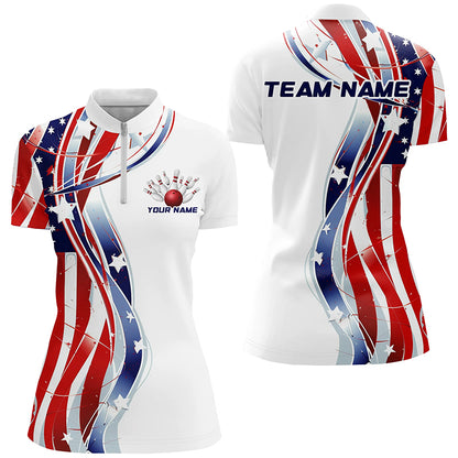 Custom American Flag Bowling Shirts For Women, Patriotic Bowling Team Jerseys For Bowlers IPHW6669